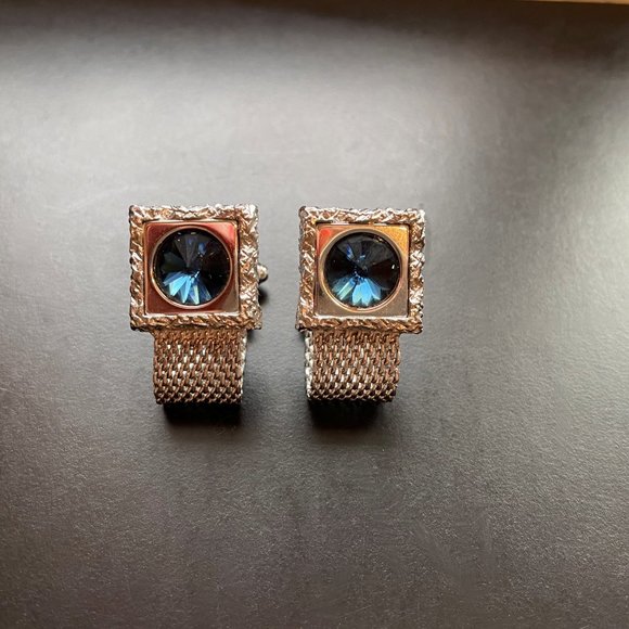 Other - Silver Mess Cufflink Square Shape with Round Blue Stone - Vintage 1970's